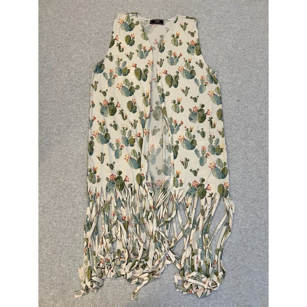 L&B Lucky & Blessed Vest Womens Large Cactus Print Long Fringe Hem Boho Duster